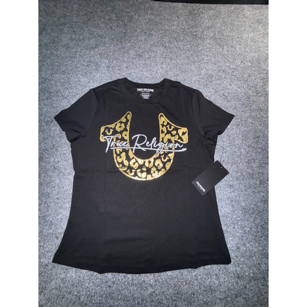 True Religion Womens Black Gold Leopard Horseshoe Logo Graphic Tee Medium NWT